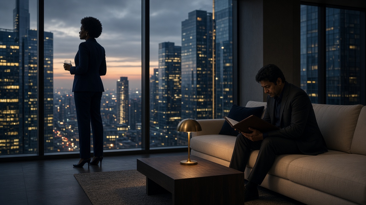 A penthouse at dusk overlooking the city